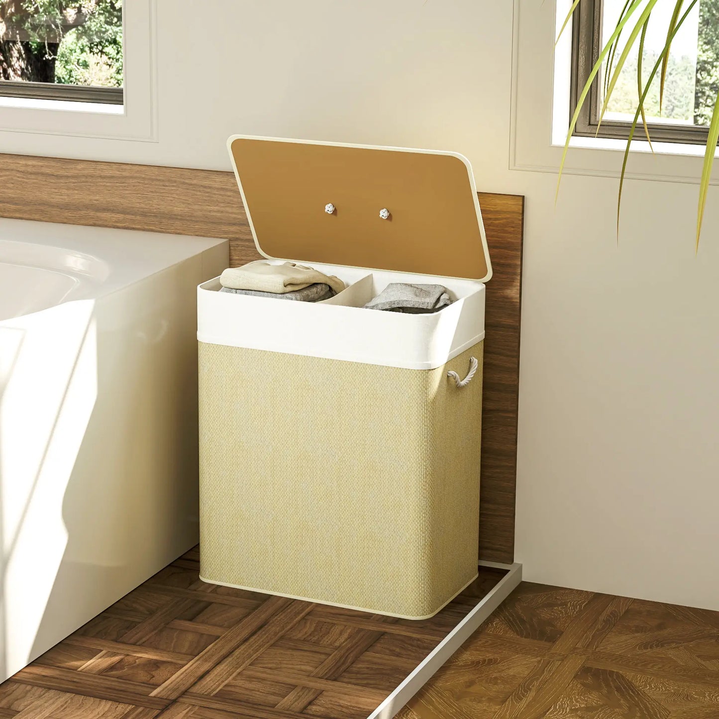 Double Laundry Basket with Lid, 100L Bamboo Hamper, Natural Clothing Storage at Gallery Canada