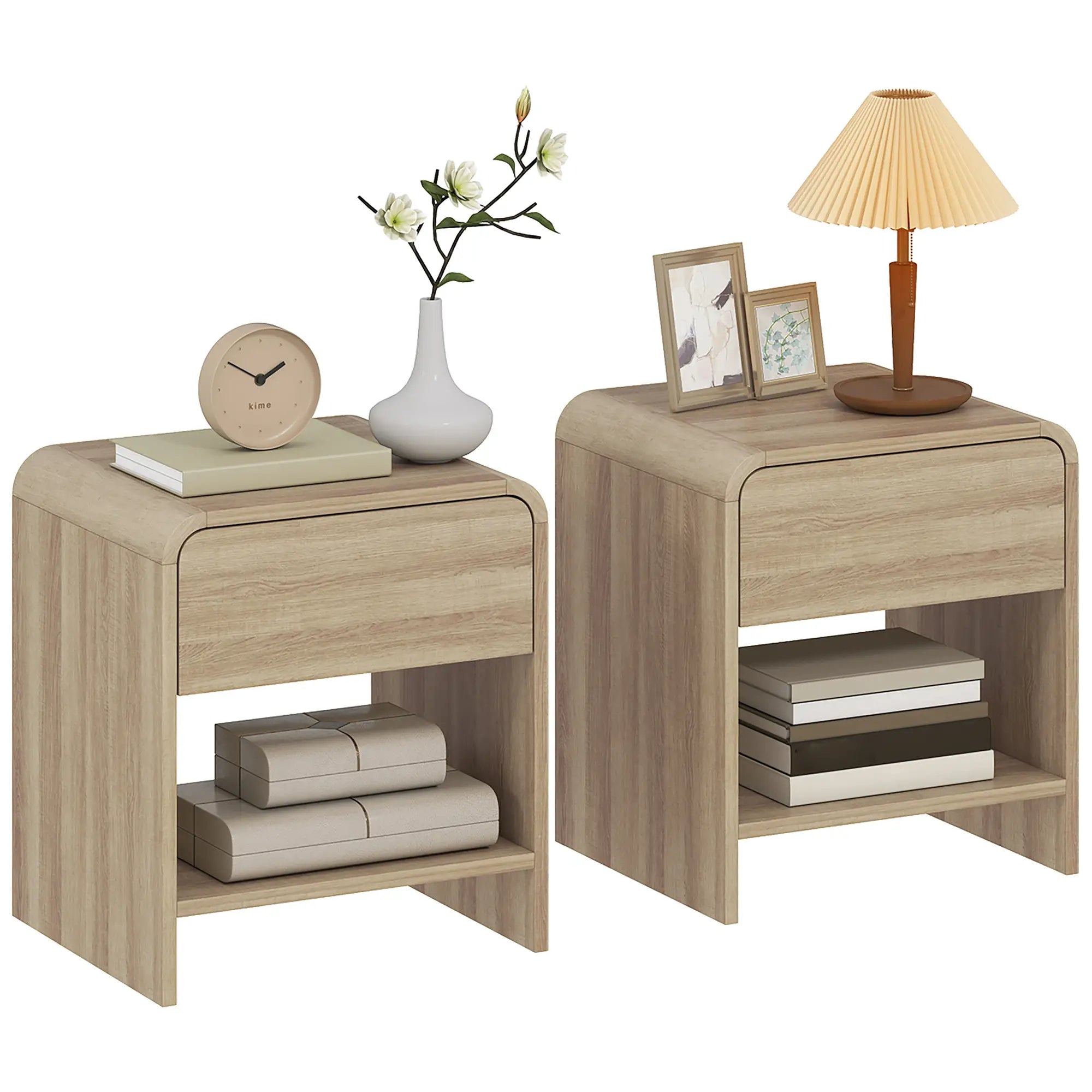 Modern Nightstand Set Of 2, Natural Wood, With Drawer And Open Shelf Bedside Tables at Gallery Canada