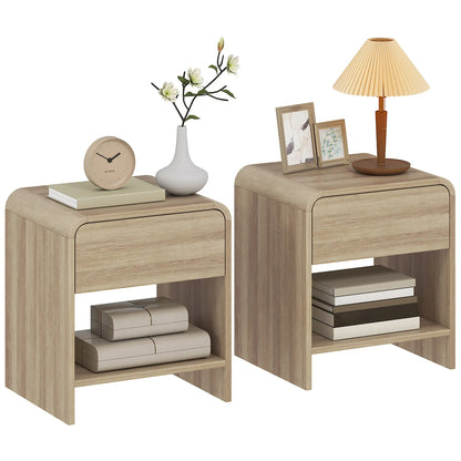 Modern Nightstand Set Of 2, Natural Wood, With Drawer And Open Shelf Bedside Tables at Gallery Canada