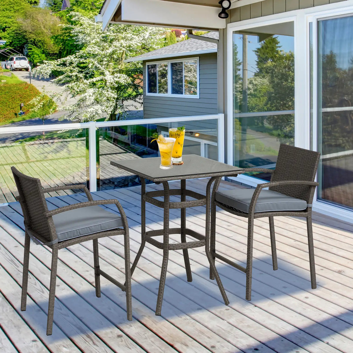 Wicker Patio Bar Set with Stools and Cushion, Grey Bistro Sets at Gallery Canada