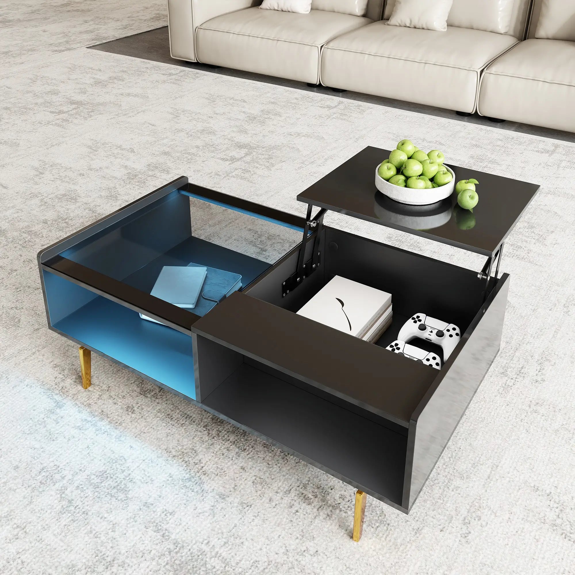 LED Coffee Table, Glass Top, Adjustable Height, Storage, 43.5