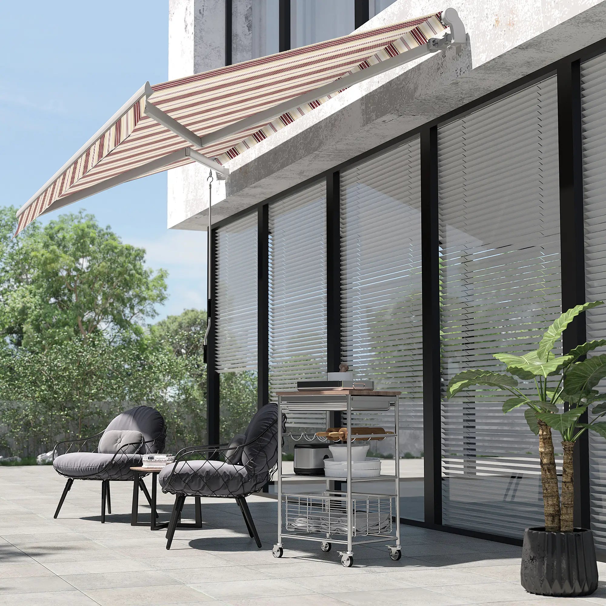 10' X 8' Manual Retractable Awning, Aluminum Frame, Red Stripe, Red Stripe Deck Awnings at Gallery Canada