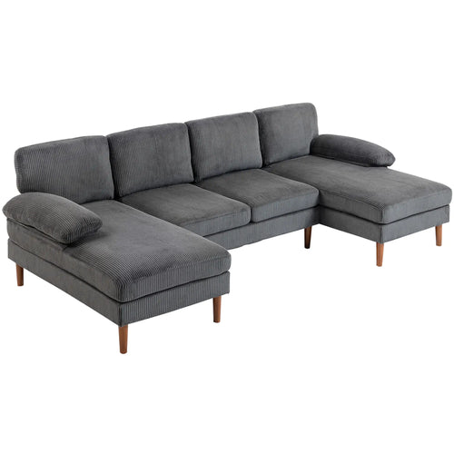 U Shape Couch with Double Chaise, Modern 4 Seater Sofa, Dark Grey