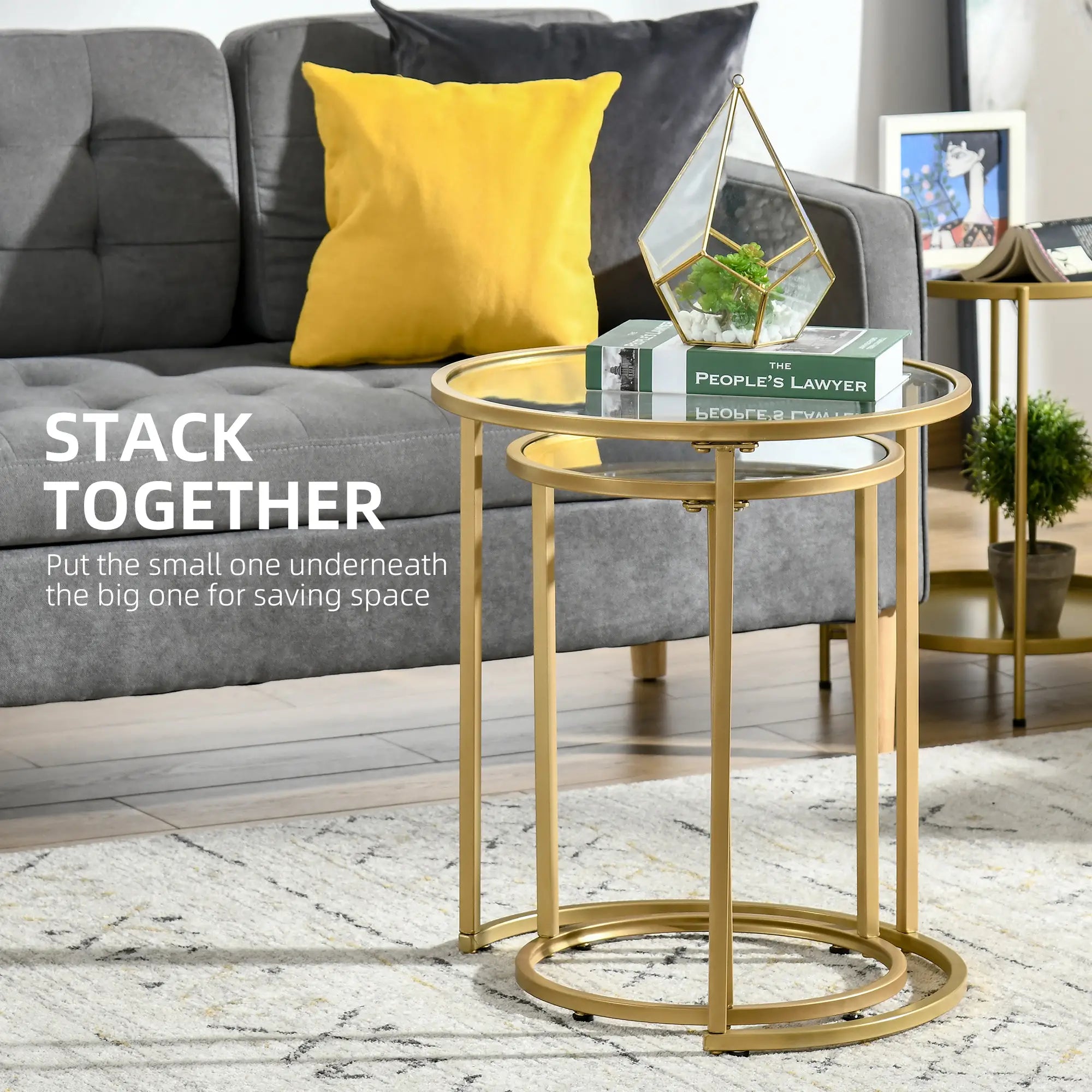 Set of 2 Nesting Coffee Tables, Round Side Table with Tempered Glass, Gold Side Tables at Gallery Canada