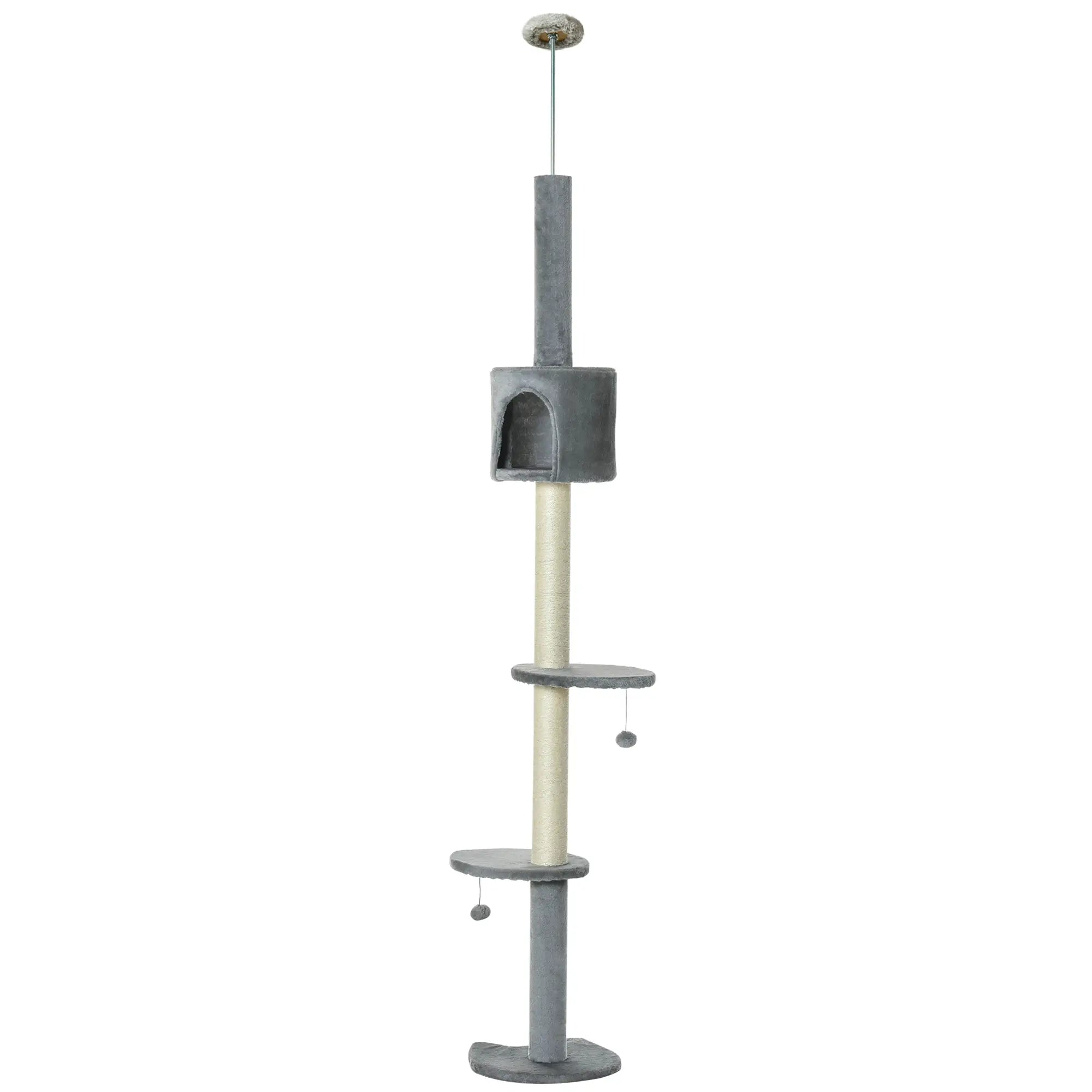4-Tier Floor to Ceiling Cat Tree, Scratching Post, Plush, Toy Ball, Light Grey Floor to Ceiling Cat Trees at Gallery Canada