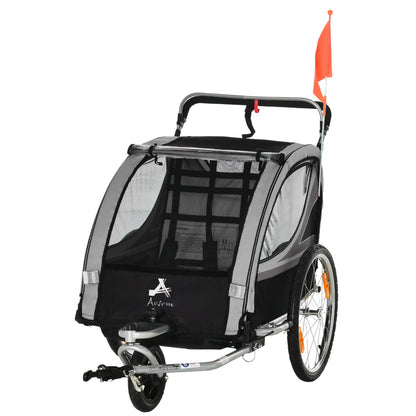 2 Seat Bike Trailer, 2-in-1 Baby Stroller, Handbrake, Rubber Wheels, Grey Kids Bike Trailers Grey, Black, Silver at Gallery Canada