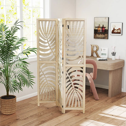 3 Panel Room Divider, Detachable Folding Privacy Screen, Palm Leaf Design, Natural Wood Finish Room Dividers at Gallery Canada