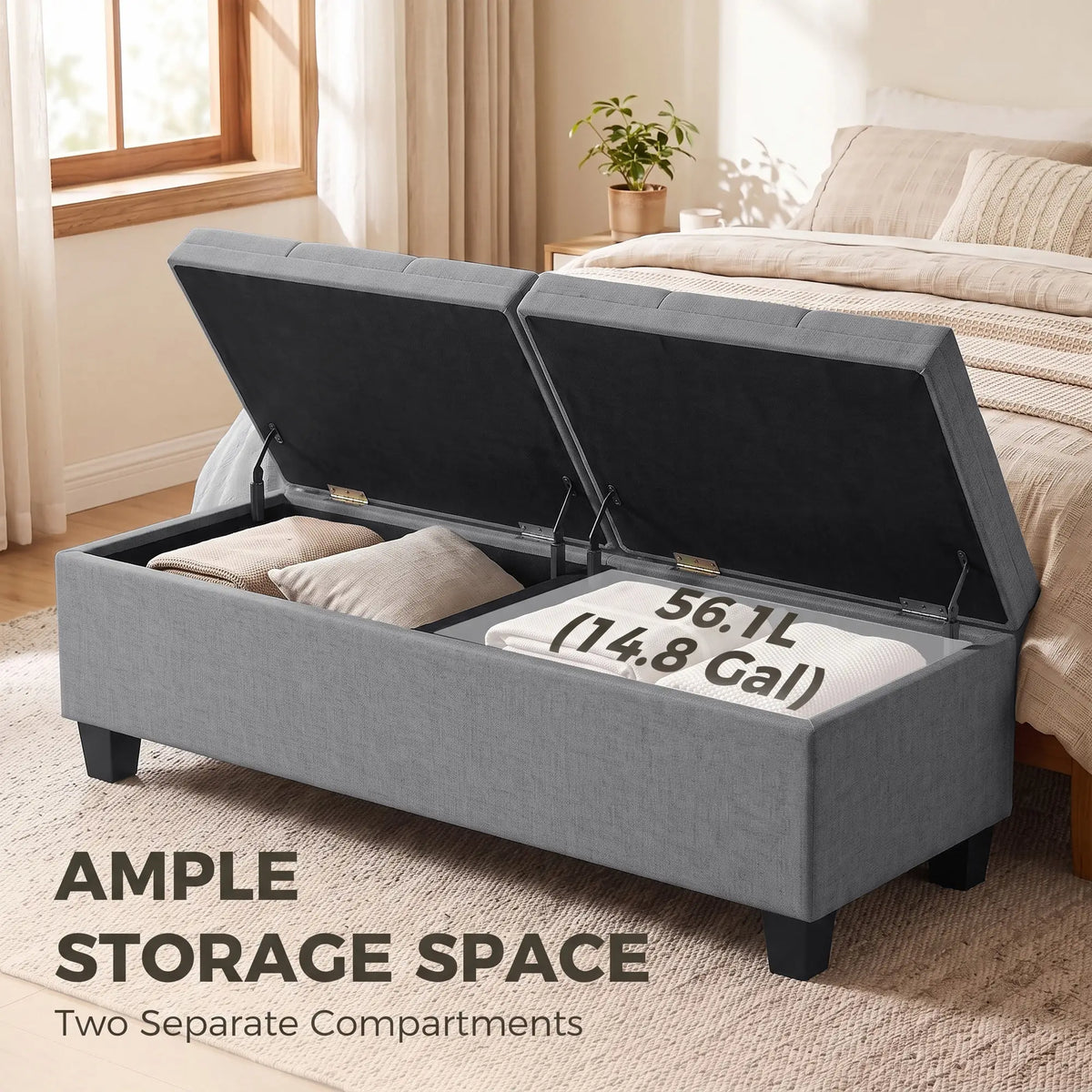 51.2" Storage Ottoman Bench, 2 Compartments, Dark Grey, Dark Grey Storage Ottomans & Benches at Gallery Canada