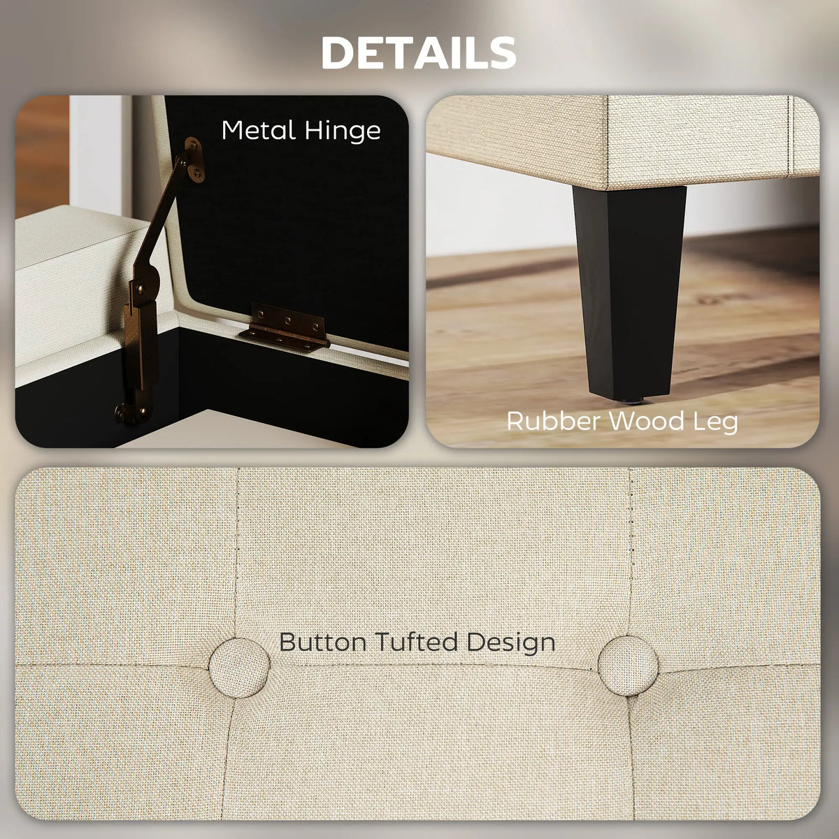 36In Storage Ottoman Bench, Wood Frame, Beige Storage Ottomans & Benches at Gallery Canada