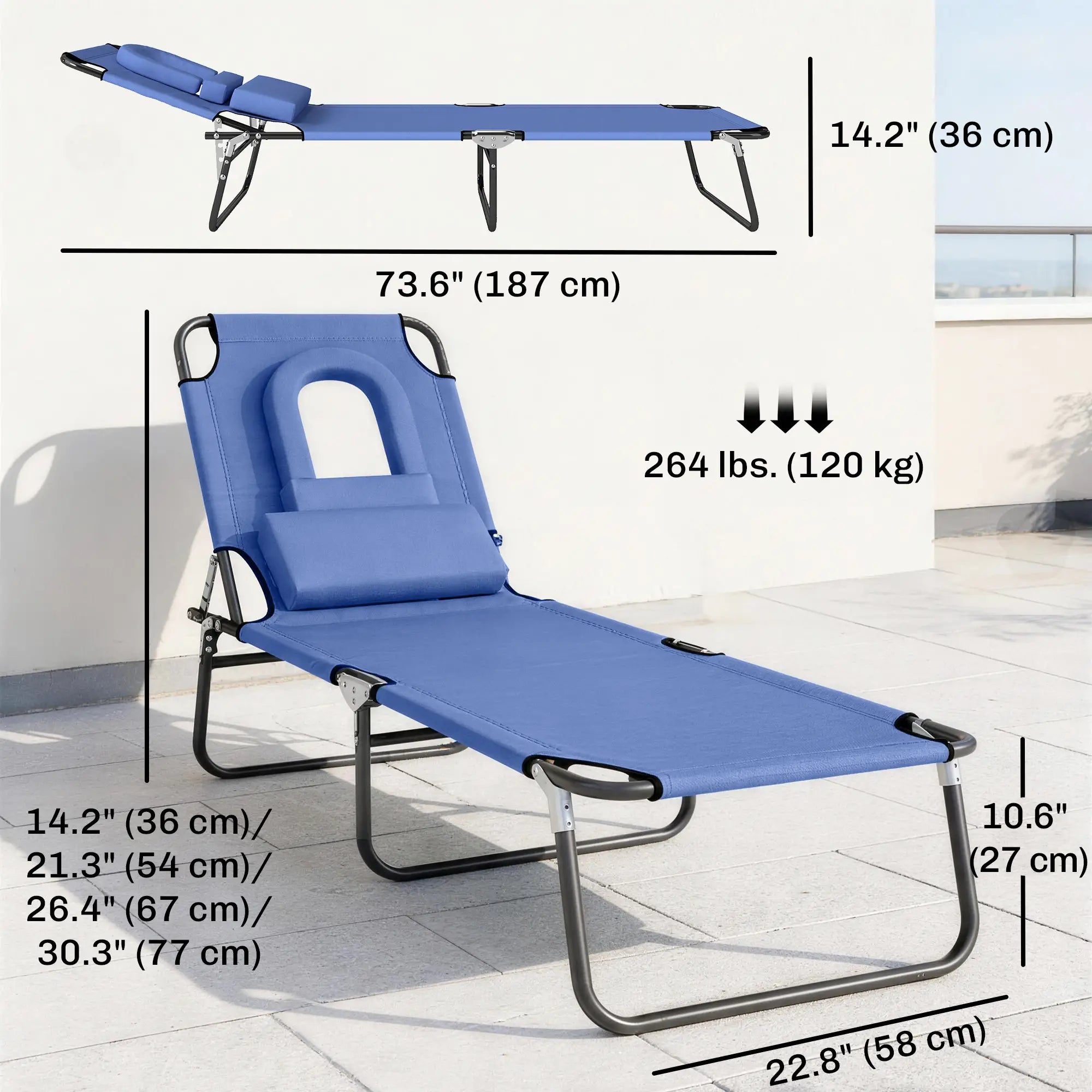 Adjustable Outdoor Lounge Chair, Folding Chaise with Face Hole, Blue Lounger Chairs at Gallery Canada