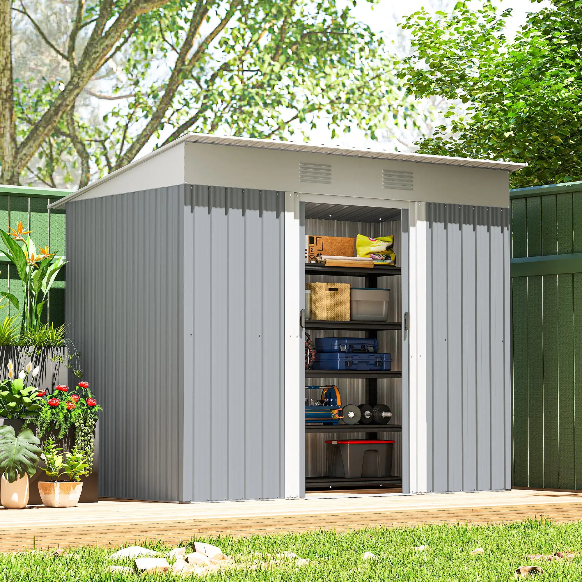 7' x 3.6' Metal Garden Shed, Lockable Sliding Doors, Vents, Grey Sheds at Gallery Canada