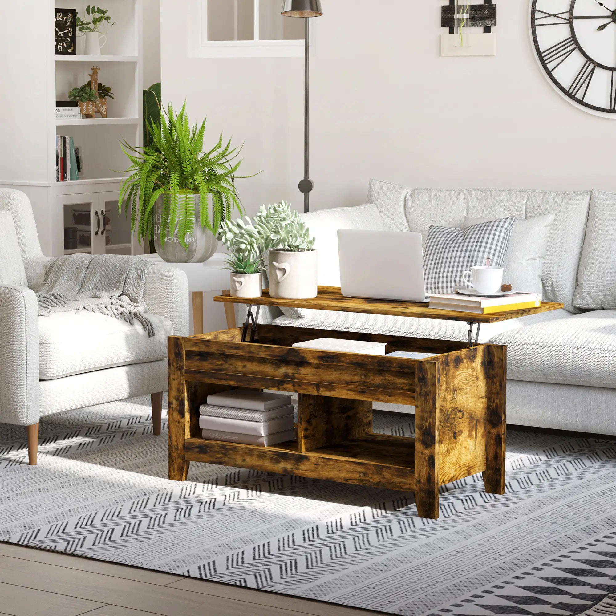 Lift Top Coffee Table, Hidden Storage, Open Shelves, Brown Coffee Tables at Gallery Canada