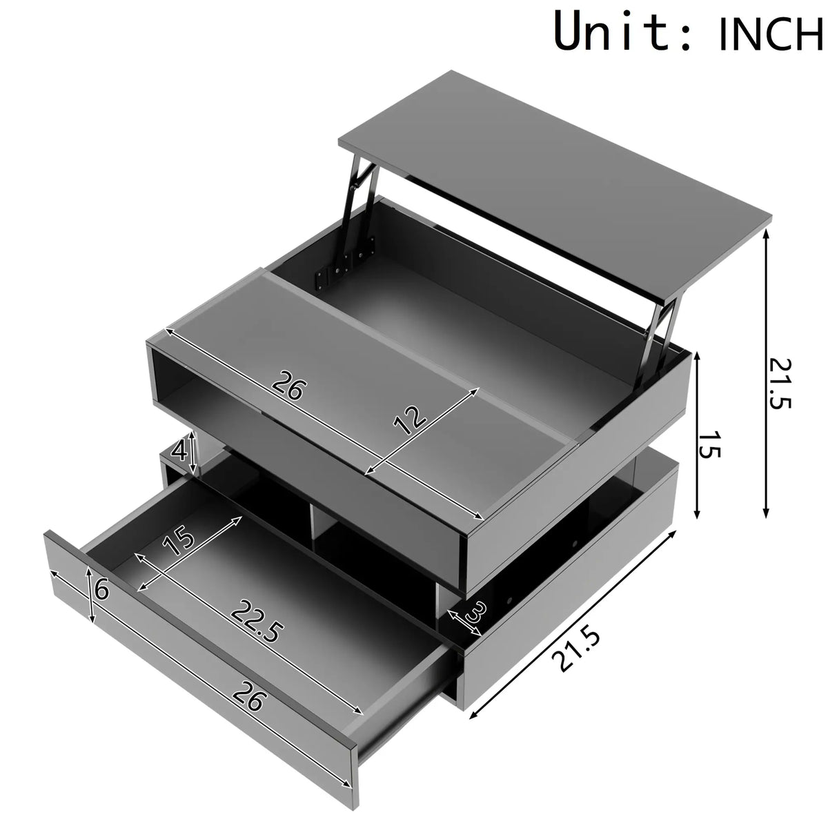 Glass Top LED Coffee Table, Storage Drawer, Adjustable Height, 26" L x 21.5" W x 21.5" H, Black Coffee Tables at Gallery Canada
