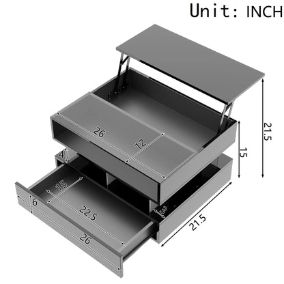Glass Top LED Coffee Table, Storage Drawer, Adjustable Height, 26" L x 21.5" W x 21.5" H, Black Coffee Tables at Gallery Canada