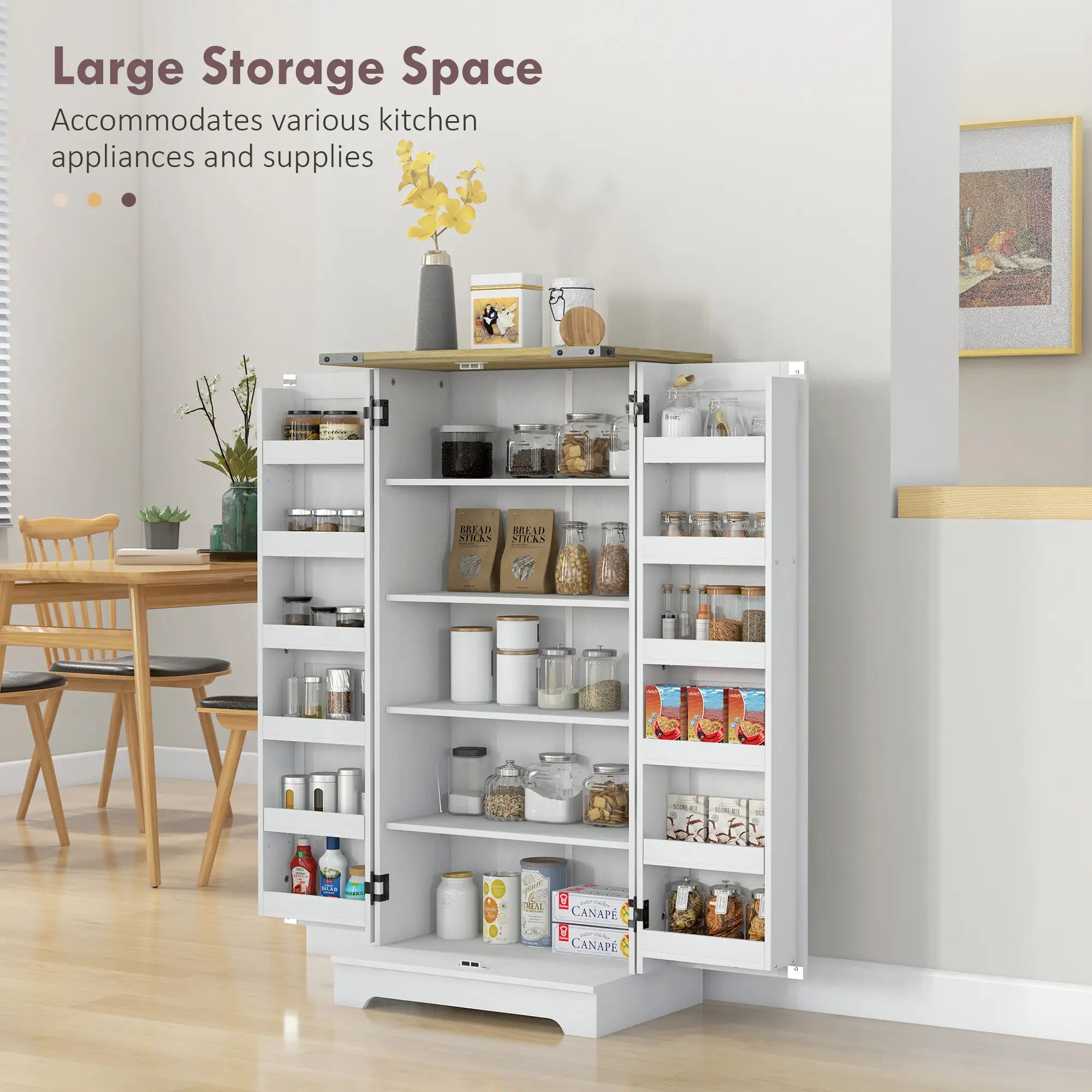 Farmhouse Kitchen Pantry Cabinet, Adjustable Shelves, Cream White Kitchen Pantry Cabinets at Gallery Canada