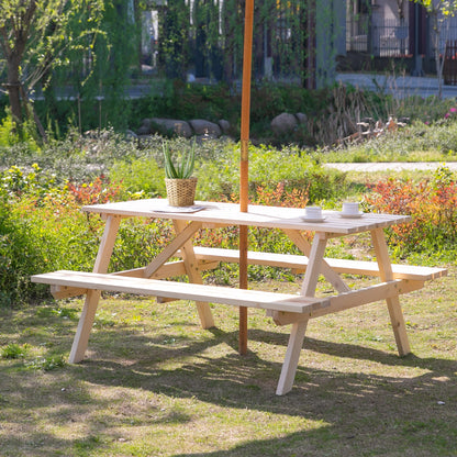Wood Picnic Table, Camping Bench Set, Umbrella Hole, Outdoor, Natural Picnic Tables & Camping Chairs at Gallery Canada