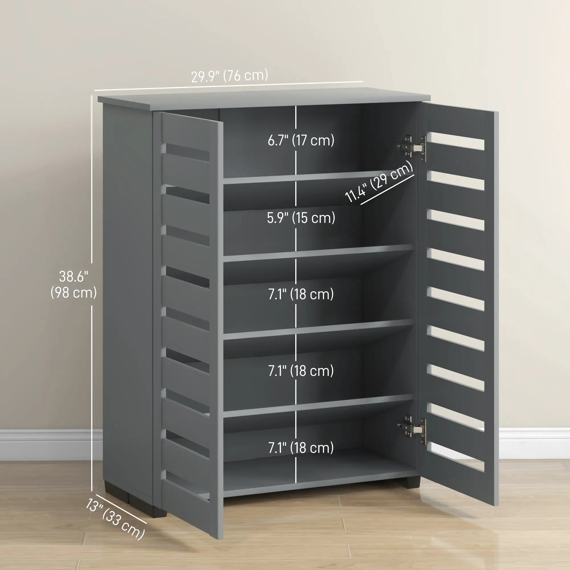 Shoe Storage Cabinet, 2 Slatted Doors, Holds 15 Pairs, Dark Grey Shoe Storage Cabinets & Racks at Gallery Canada