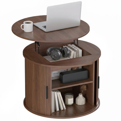 Table basse ronde avec plateau relevable, rangement cannelé, brun noyer, brun noyer