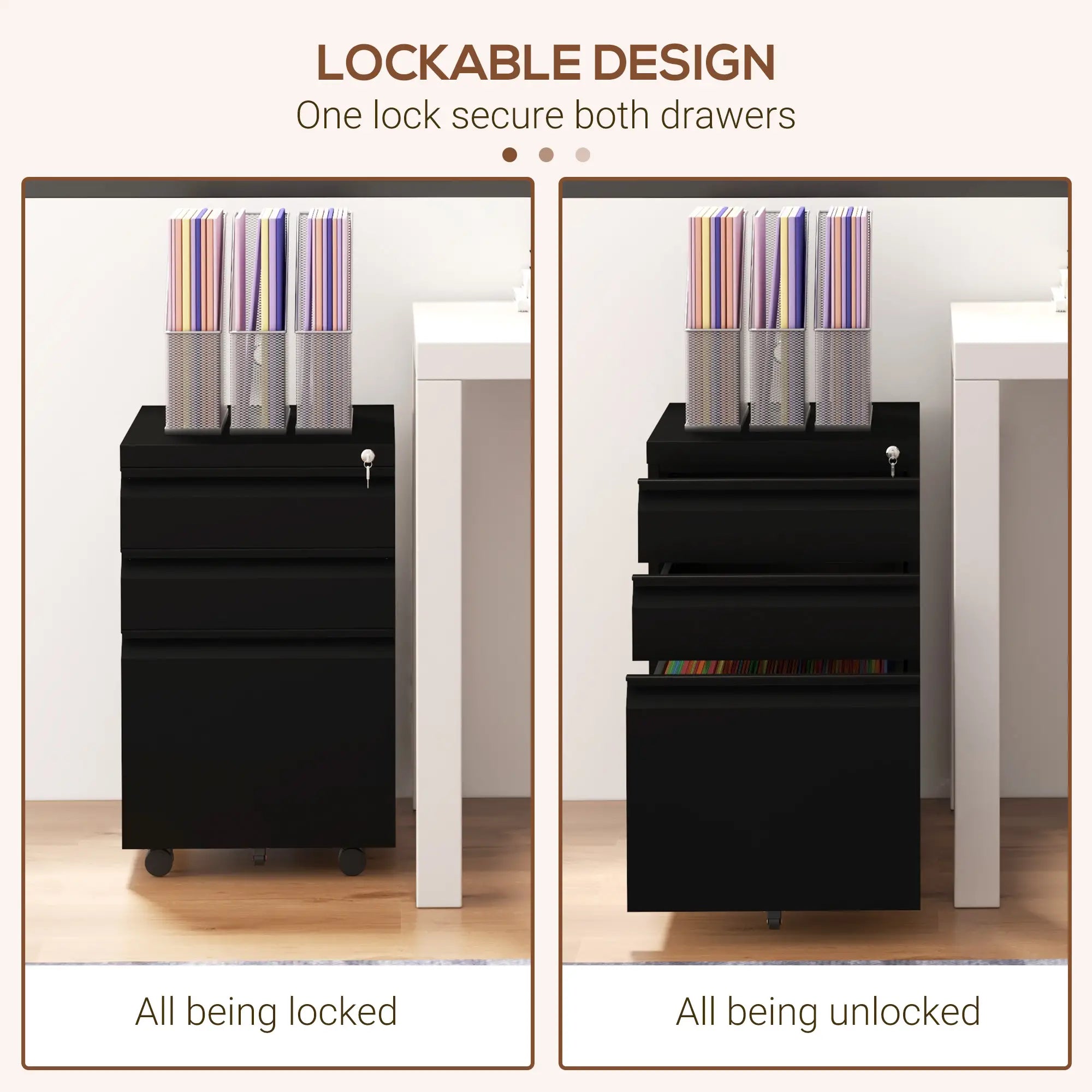 3 Drawer File Cabinet with Lock, Steel, 5 Wheels, Black Office Cabinets & Cupboards at Gallery Canada