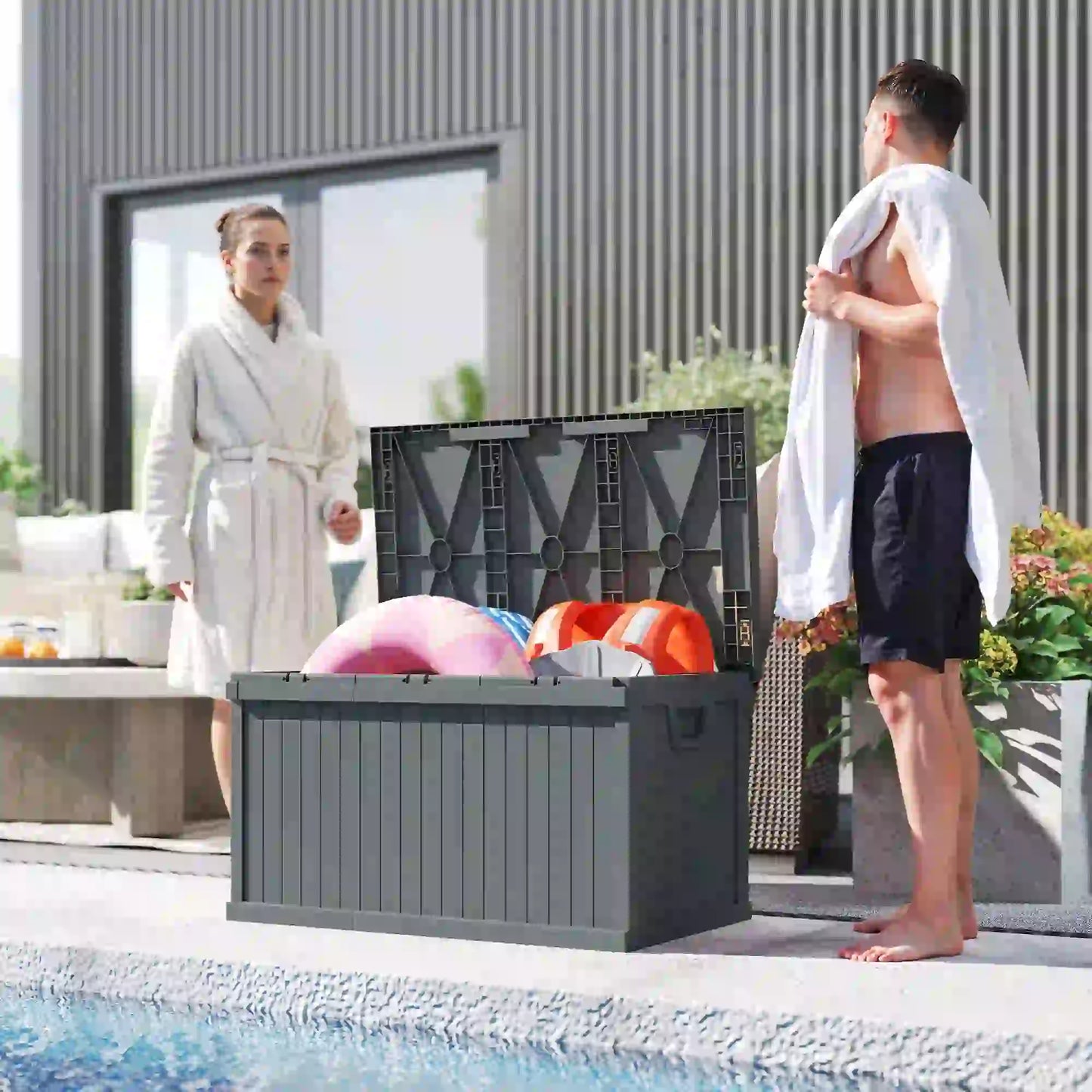 70 Gallon Deck Box, Resin Outdoor Storage Container, Dark Grey Patio Storage Boxes at Gallery Canada