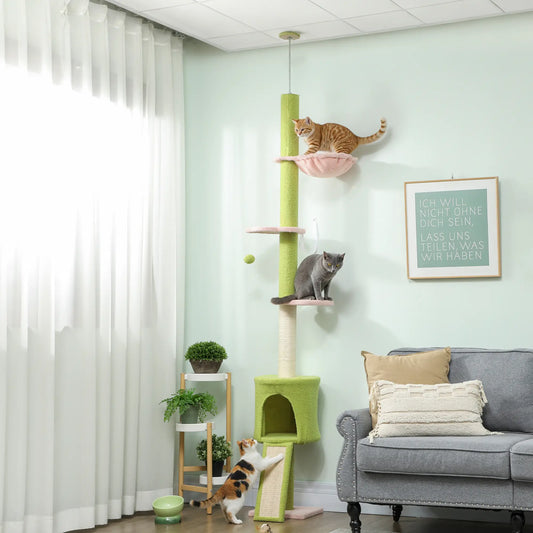 87"-94.5" Cat Tree, Sisal Scratching Post, Condo, Hammock, Ramp, Perches, Green Floor to Ceiling Cat Trees Green, Pink, Cream white at Gallery Canada