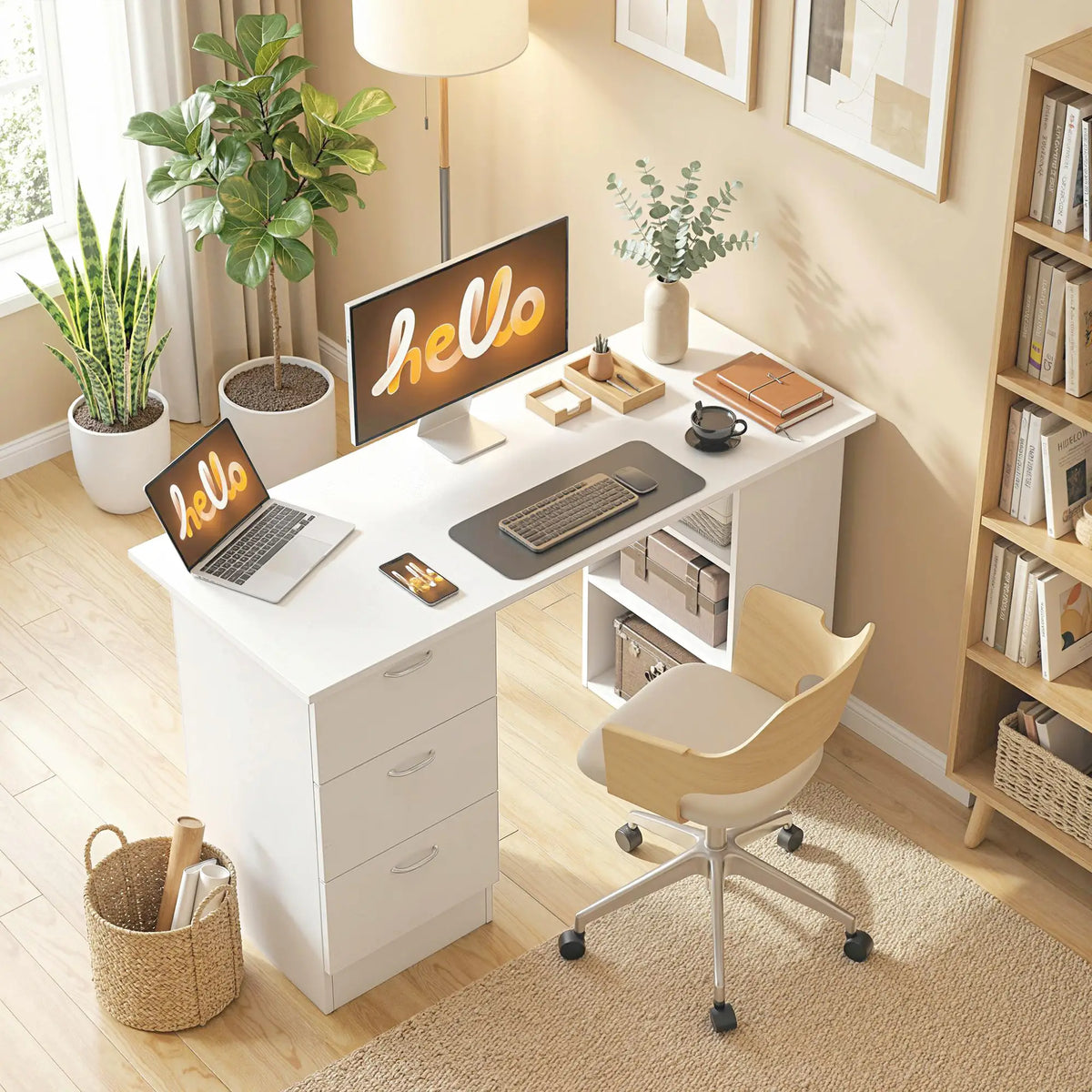 47" Writing Desk With 3-Tier Shelves, 3 Drawers, White Writing Desks at Gallery Canada