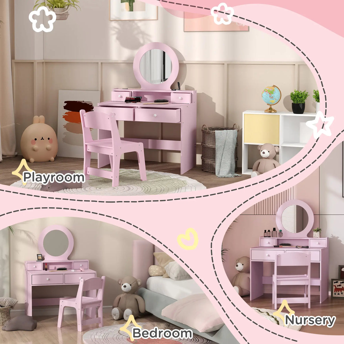 Kids Vanity Set, Makeup Table with Mirror, Stool, Drawers, Ages 3-8, Pink Toy Vanity at Gallery Canada