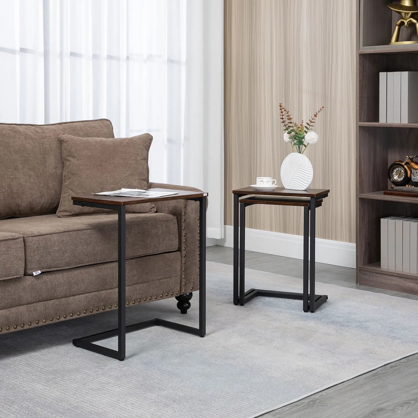 Nesting End Tables Set of 3, Industrial C-Shaped Side Table, Rustic Brown, Brown Side Tables at Gallery Canada