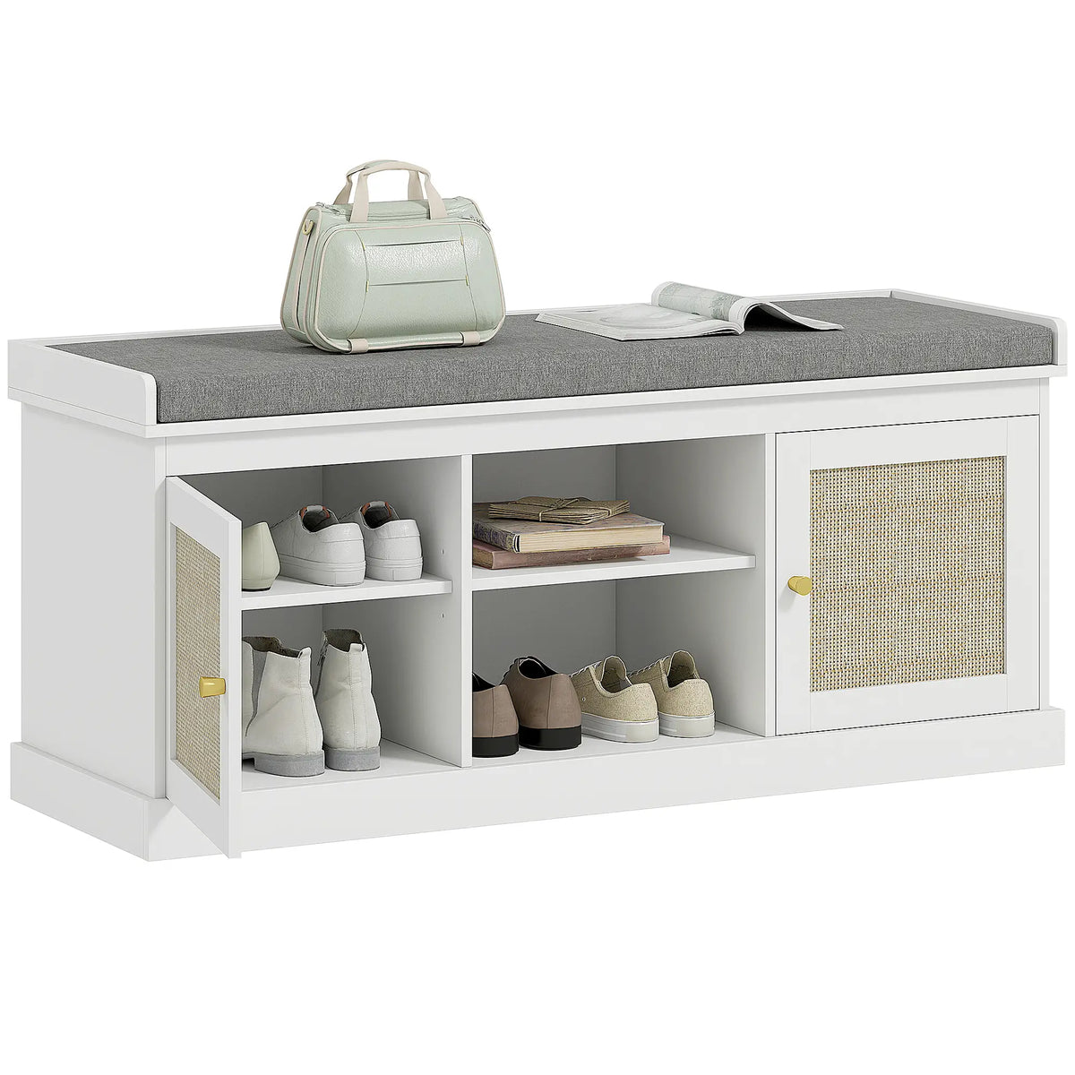Shoe Bench with Padded Cushion, Boho Entryway, Rattan Doors, Adjustable Shelves, White Shoe Storage Cabinets & Racks at Gallery Canada