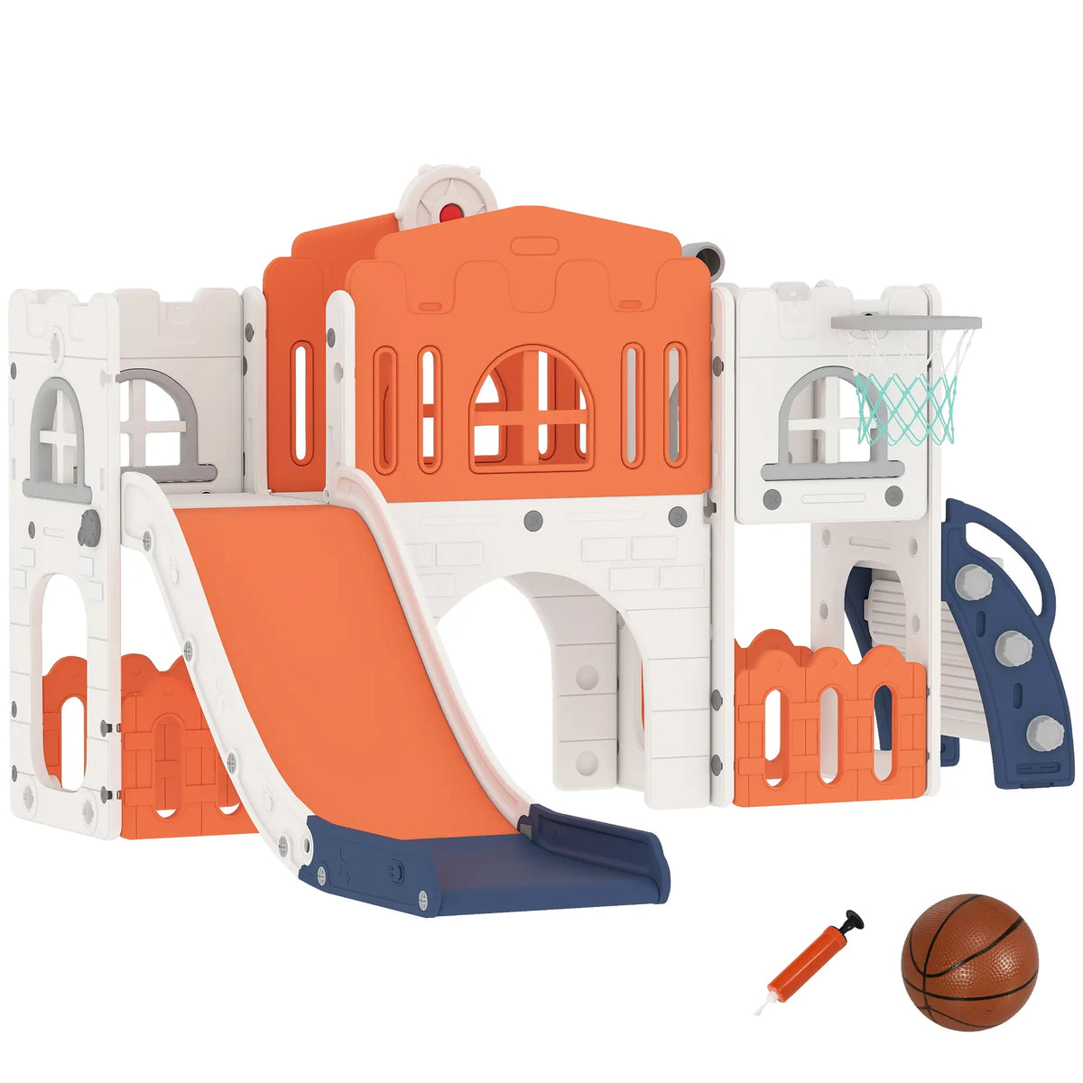 7 In 1 Toddler Slide, Basketball Hoop, Climber, Orange Gym Sets & Swings Orange, White and Dark Blue at Gallery Canada
