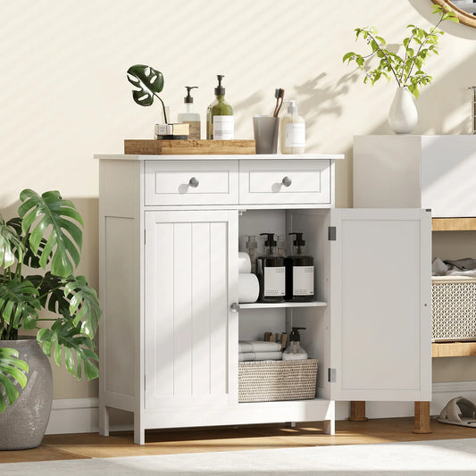 Freestanding Bathroom Cabinet, 2 Door, 2 Drawers, Adjustable Shelf, White Bathroom Cabinets White at Gallery Canada