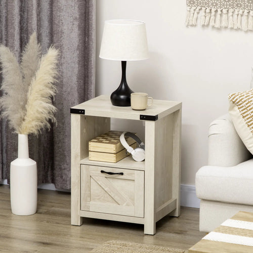 Farmhouse Side Table with Drawer, Open Shelf, Oak, 24.8x17.7x23.6
