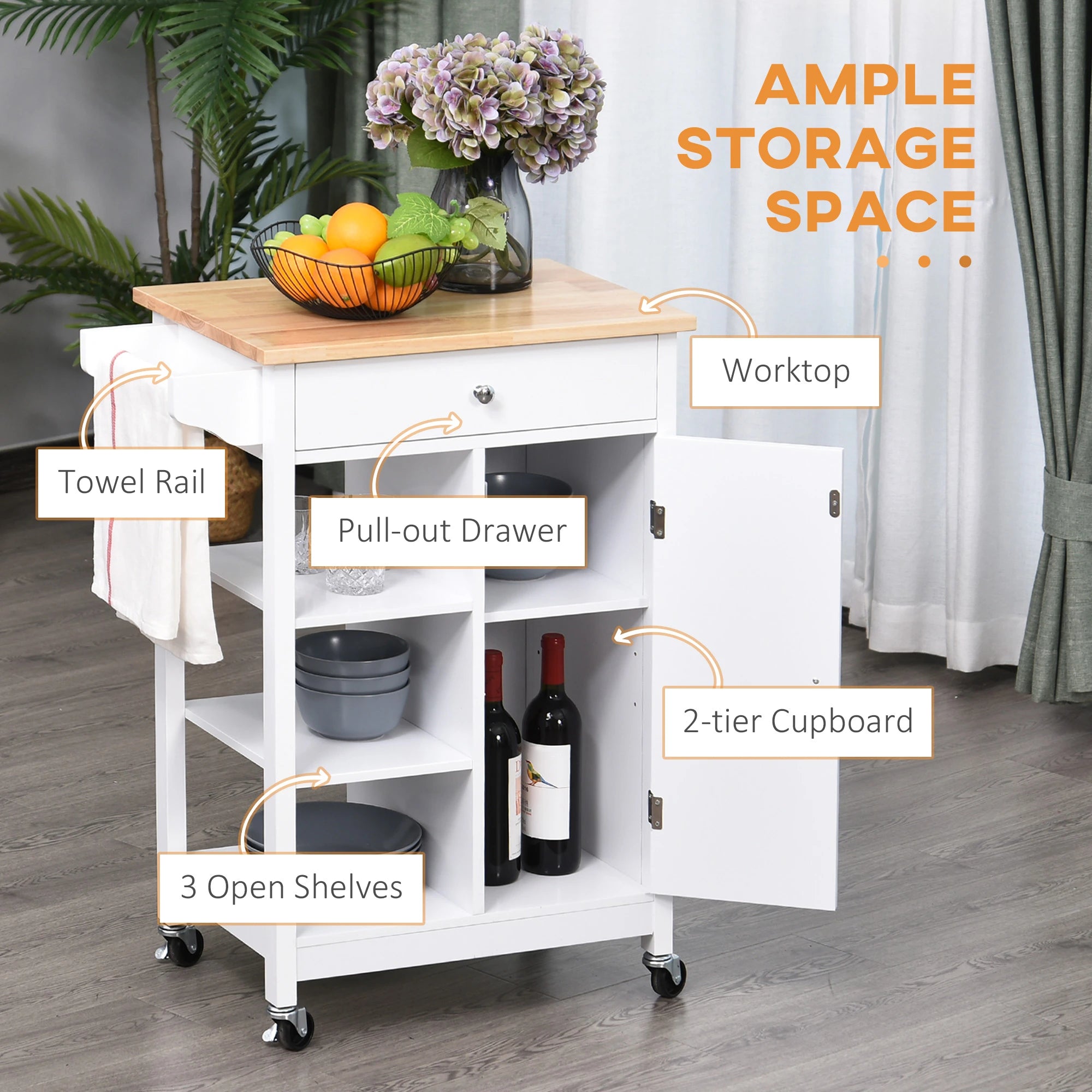 Modern Rolling Kitchen Island Cart, Natural Wood Top, White Kitchen Islands & Kitchen Carts at Gallery Canada