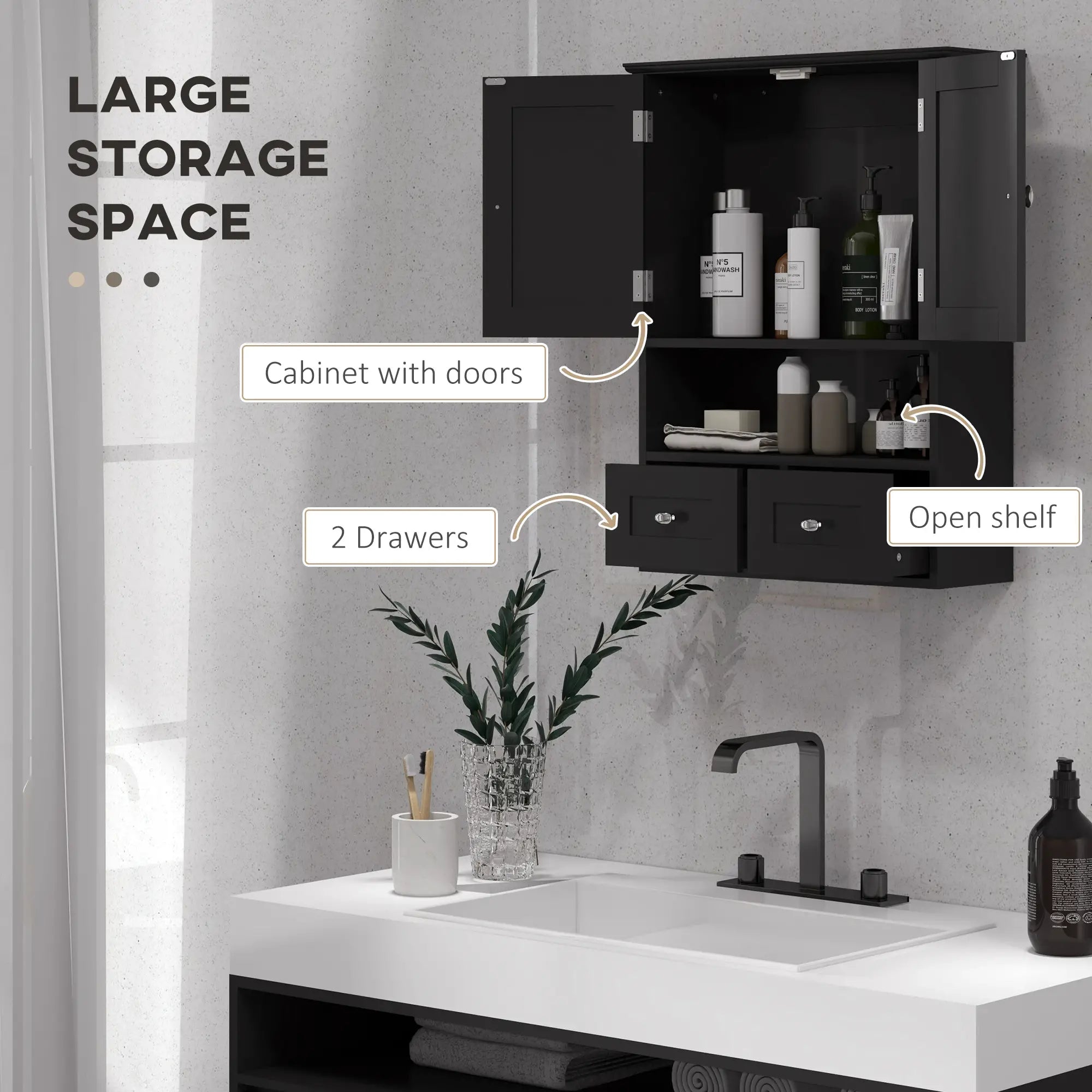 Medicine Cabinet, Bathroom Wall Cabinet with Shelf, Drawers, Black Wall Mounted Cabinets at Gallery Canada