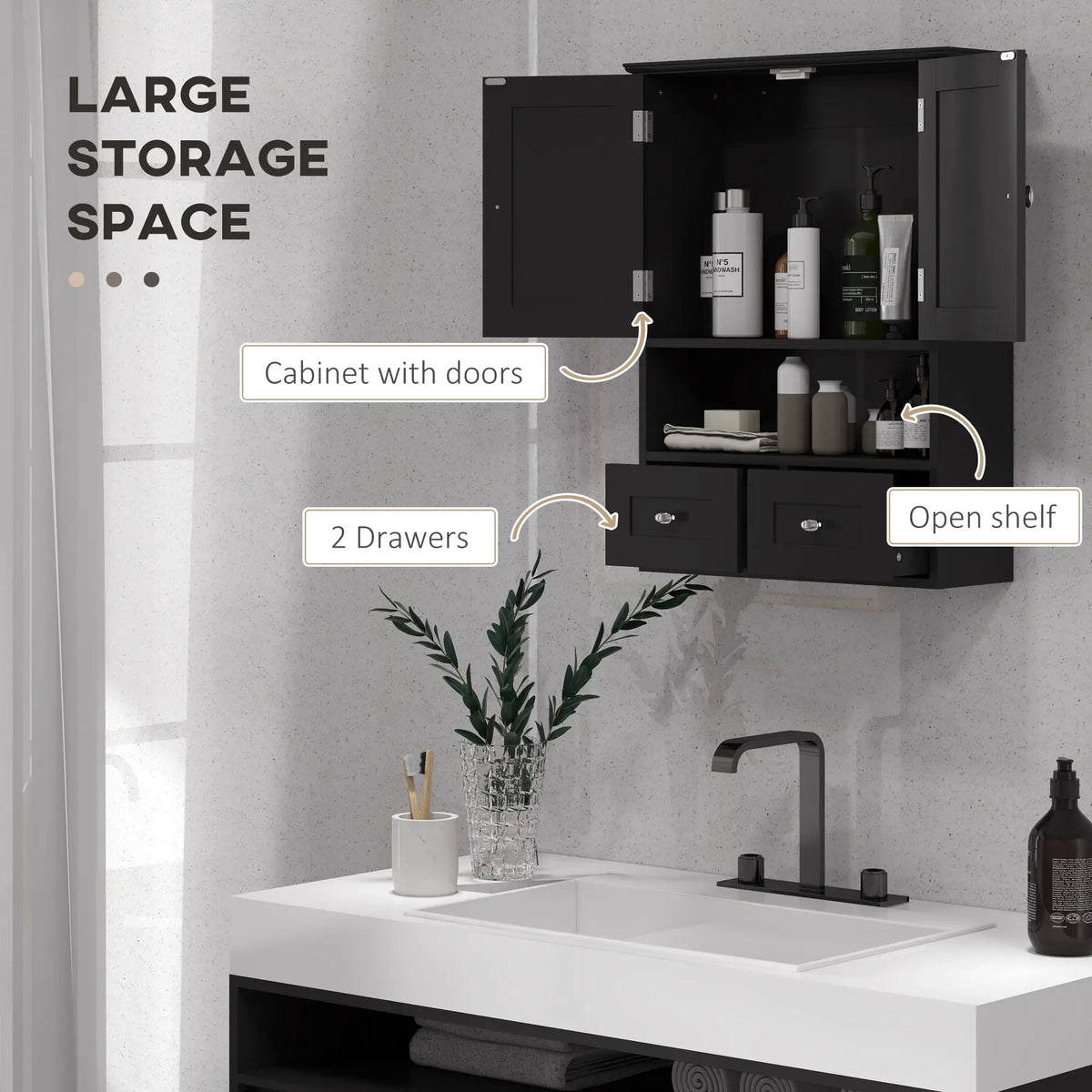 Medicine Cabinet, Bathroom Wall Cabinet with Shelf, Drawers, Black Wall Mounted Cabinets at Gallery Canada