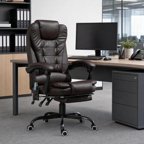 7-Point Vibrating Massage Chair, Reclining Office Chair, Adjustable Height, Brown