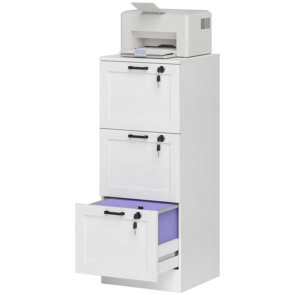 Vertical 3-Drawer Filing Cabinet, Lock, A4 Letter Size, White Office Cabinets & Cupboards White Wood Effect at Gallery Canada