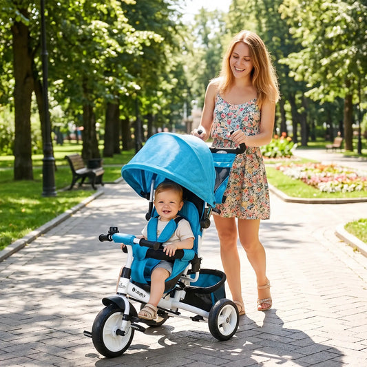 6 in 1 Tricycle for Toddlers, Parent-Push Handle, Blue Tricycles for Kids Blue and White at Gallery Canada