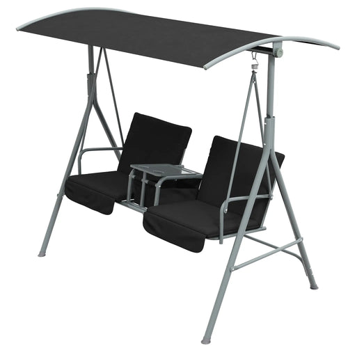 2-Seater Outdoor Porch Swing, Adjustable Canopy, Table, Black