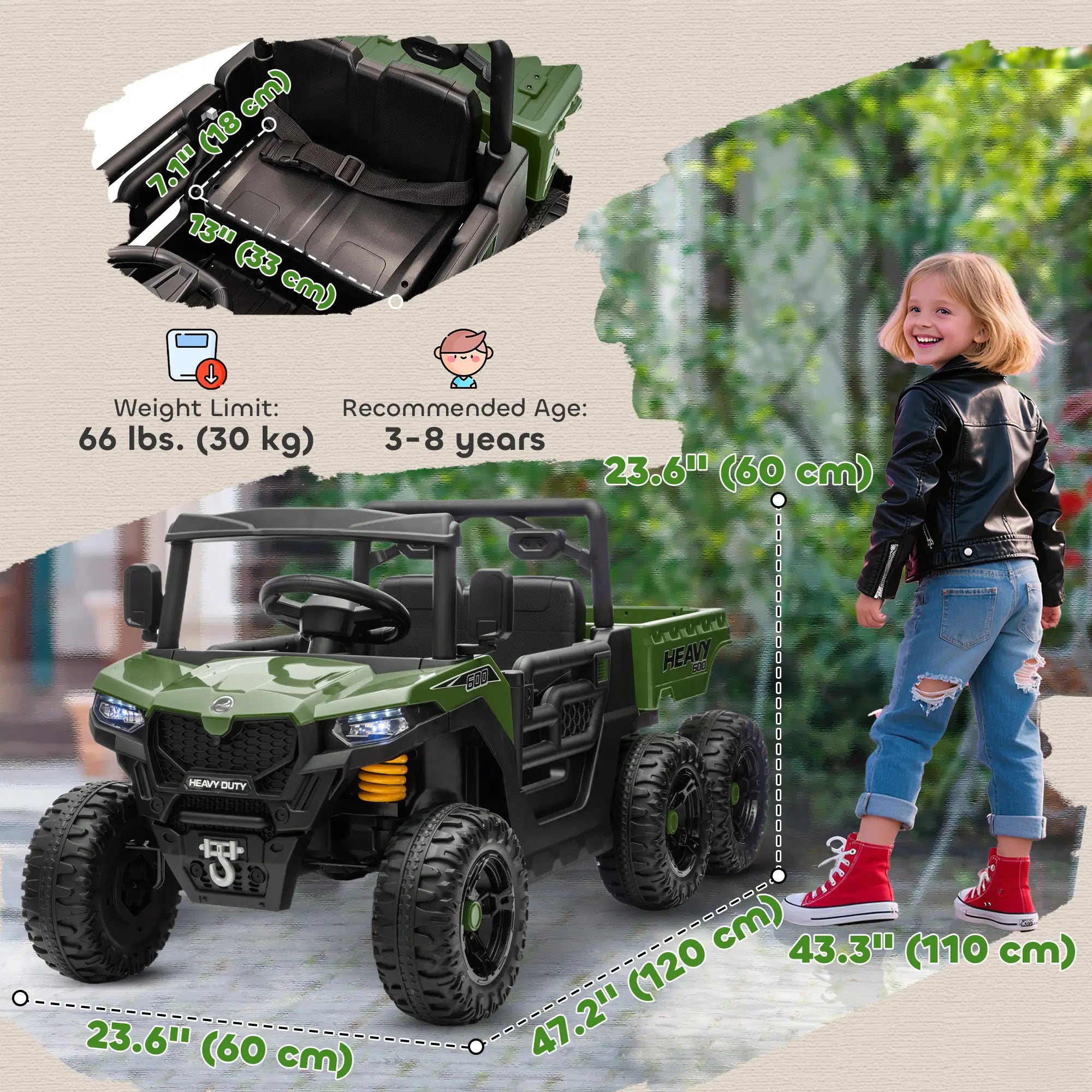 24V 4WD Kids Ride On Truck, 6 Wheels, 2 Seater, Remote, Dump Bed, Green Electric Toy Cars at Gallery Canada