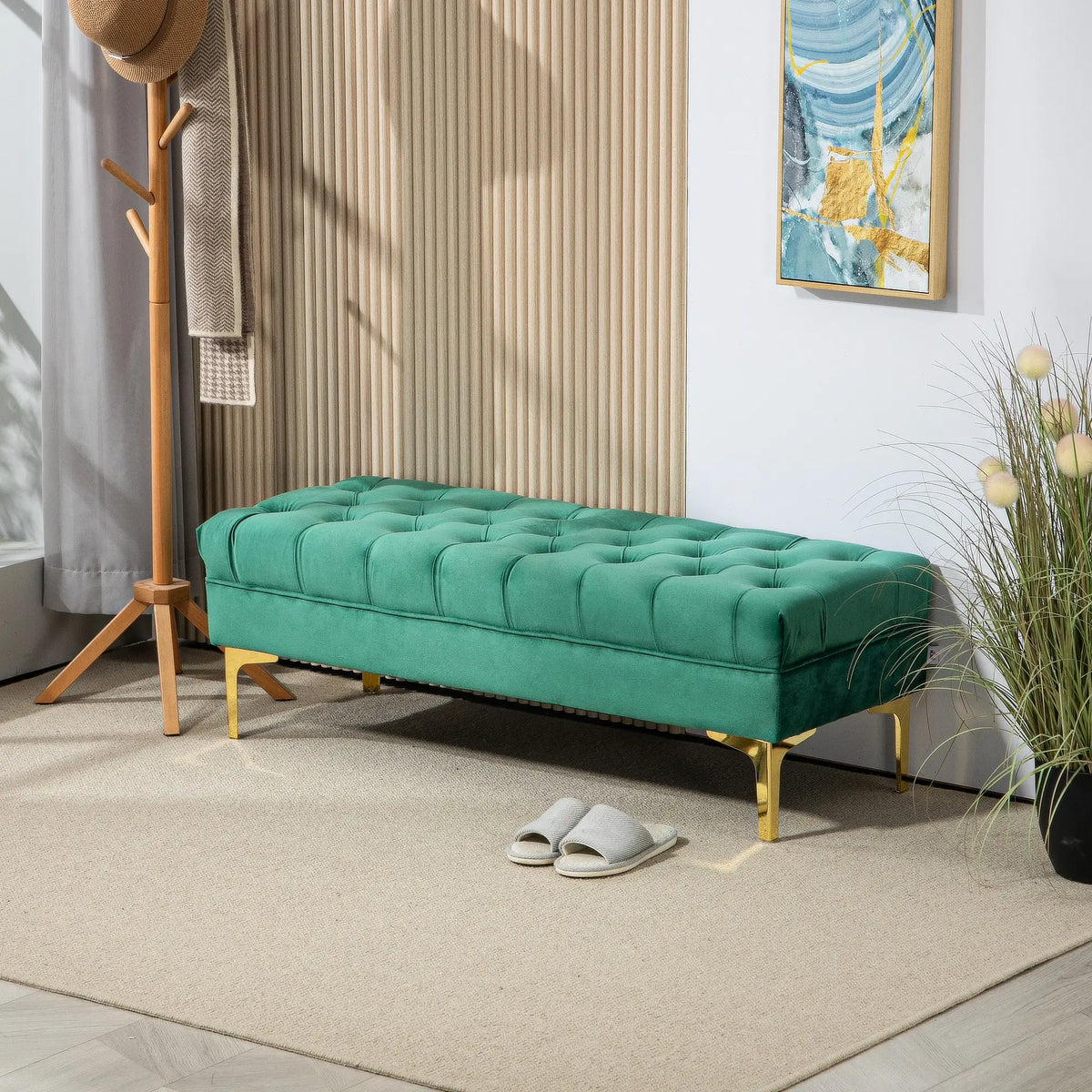 Upholstered End of Bed Bench, Button Tufted, Dark Green Storage Ottomans & Benches at Gallery Canada