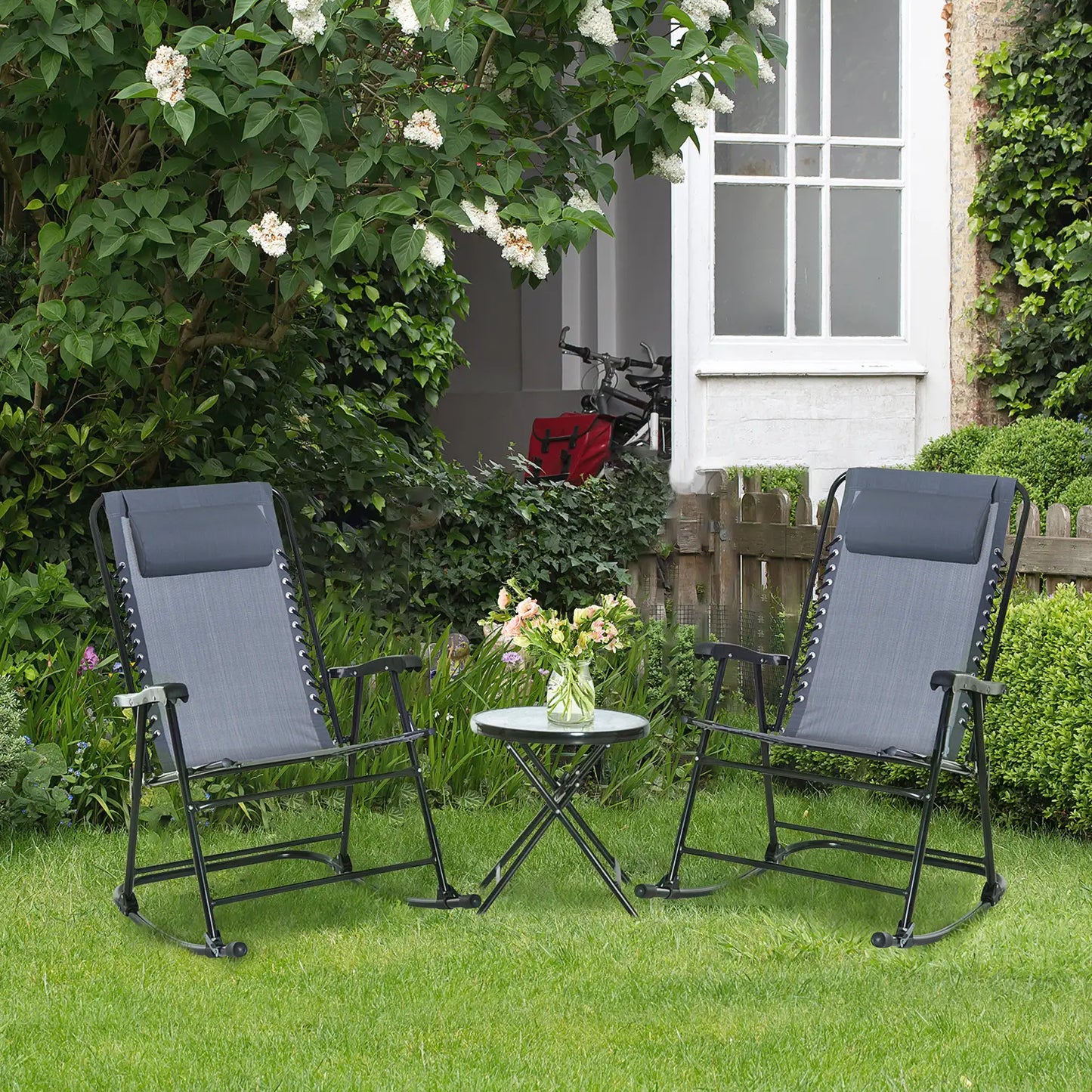 3pc Patio Rocking Chair Set, Folding Outdoor Chairs, Table, Grey Outdoor Rocking Chairs at Gallery Canada