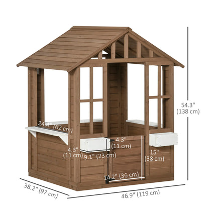 Kids Wooden Playhouse, Outdoor Cottage with Flower Pot Holder, Brown Play Houses at Gallery Canada