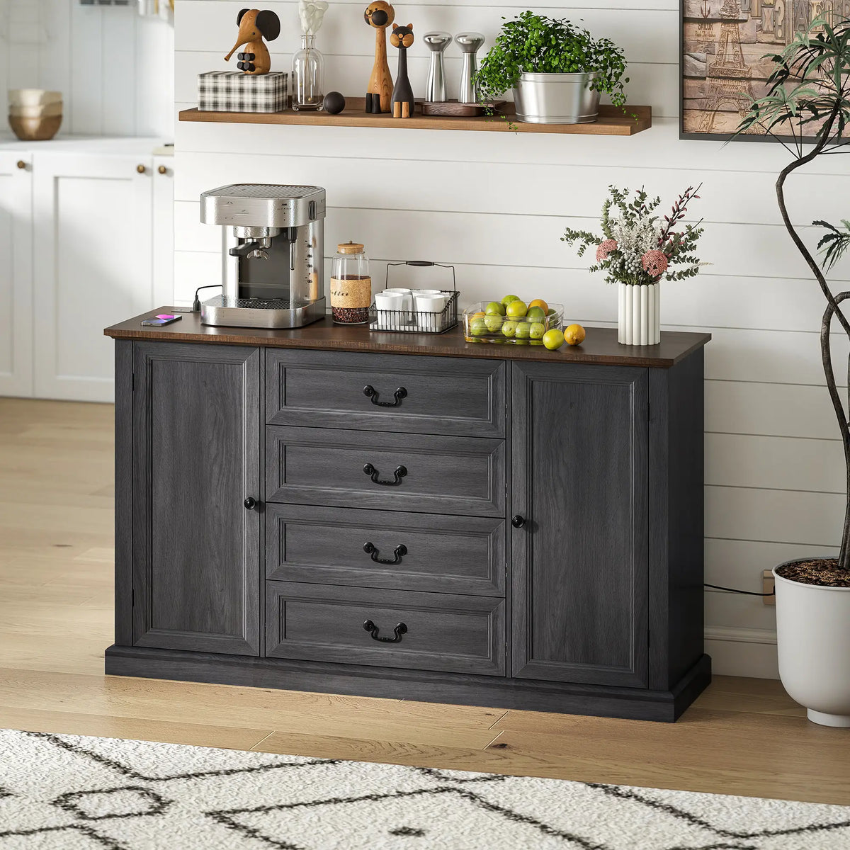 Farmhouse Sideboard with Charging Station, 58" Buffet Cabinet, Black Storage Cabinets at Gallery Canada