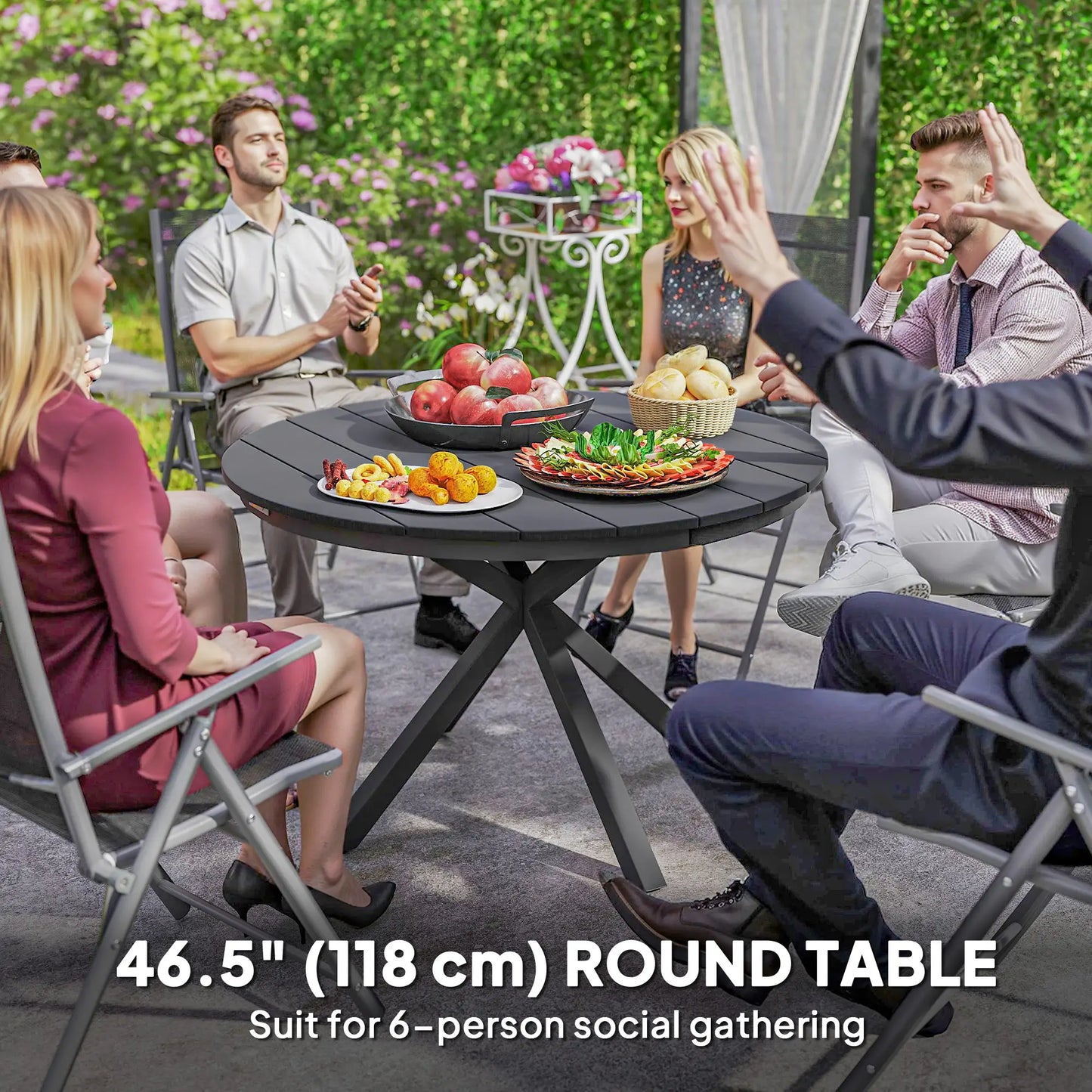 46.5" Round Outdoor Dining Table For 6, Slatted Top, Black Patio Dining Tables at Gallery Canada