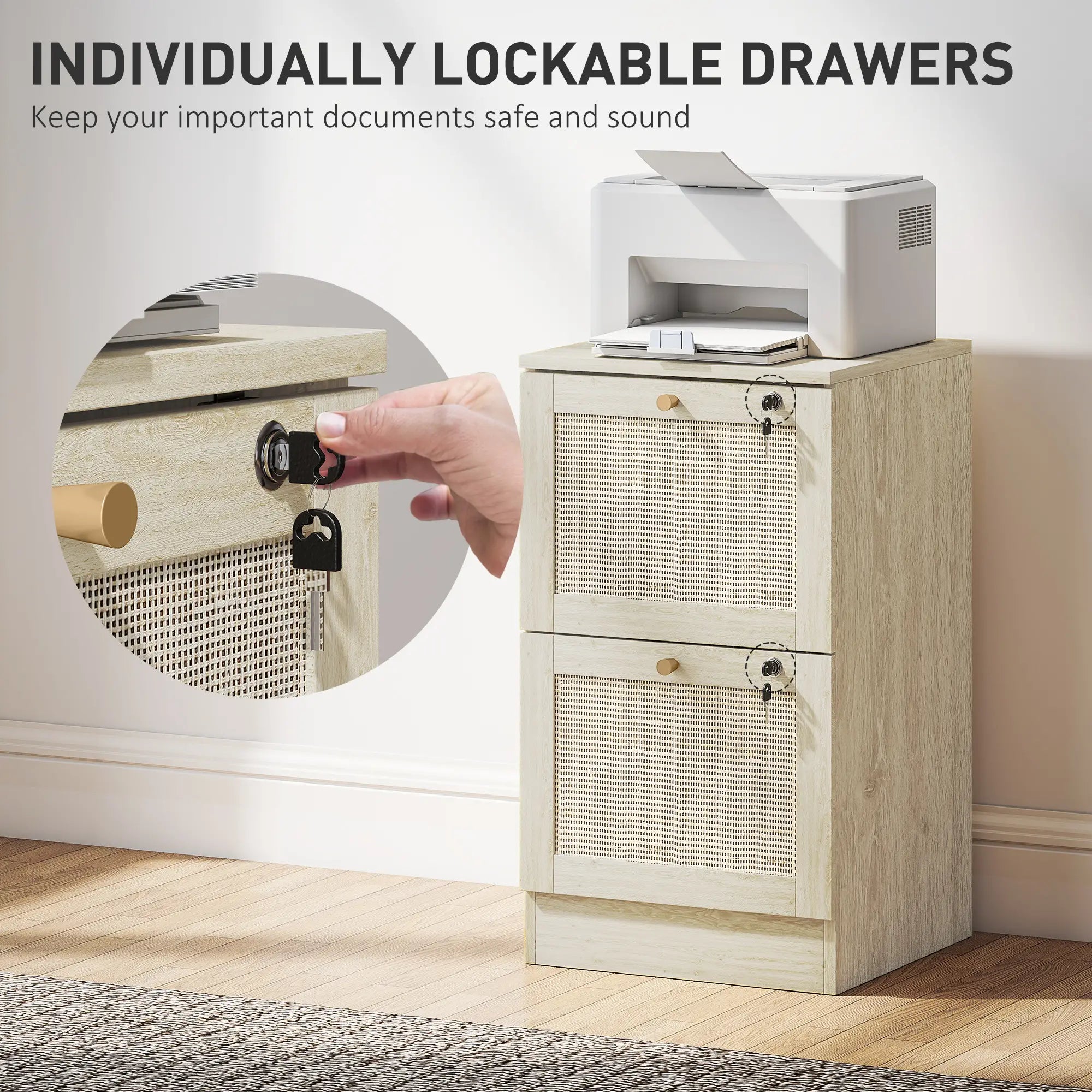 2 Drawer Filing Cabinet with Lock, Boho Style, A4 Letter Size, Oak Office Cabinets & Cupboards at Gallery Canada