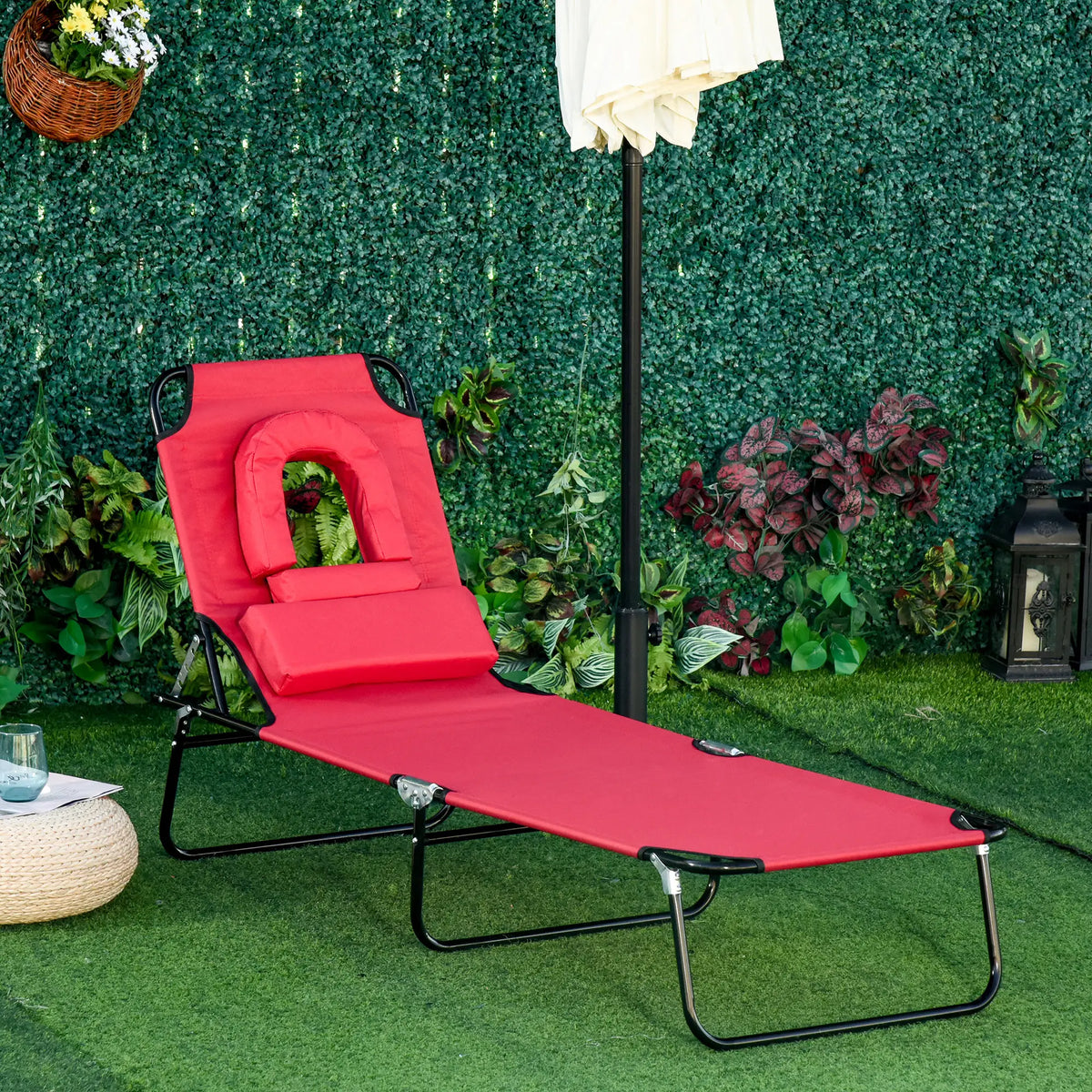 Adjustable Outdoor Lounge Chair, Folding Chaise with Face Hole, Red Lounger Chairs at Gallery Canada
