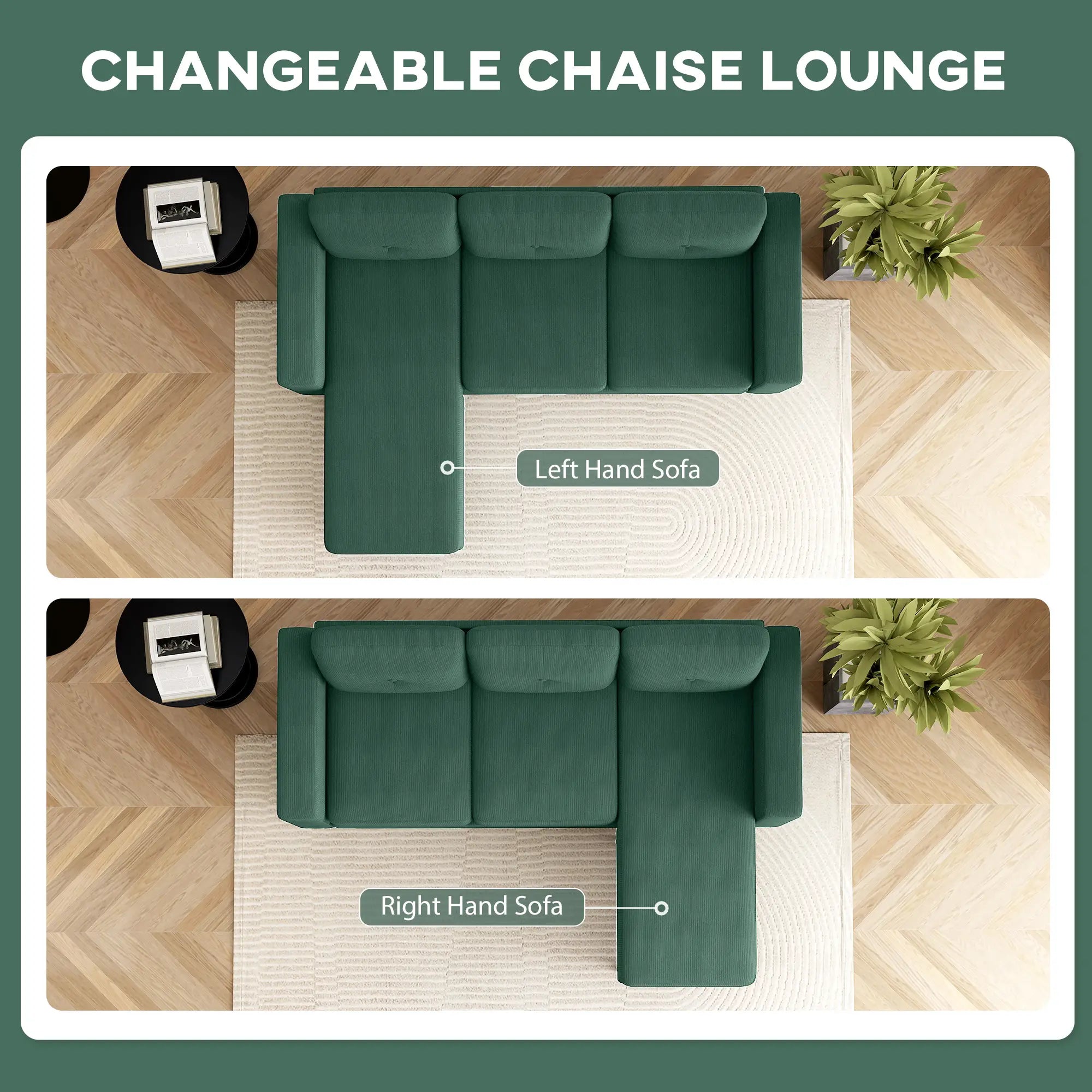 Sectional Sofa with Changeable Chaise, 3 Seat L-Shaped, Dark Green 3-Seater Sofas at Gallery Canada