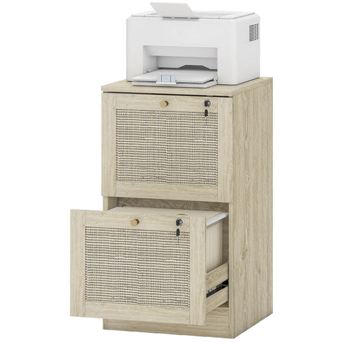 2 Drawer Filing Cabinet with Lock, Boho Style, A4 Letter Size, Oak