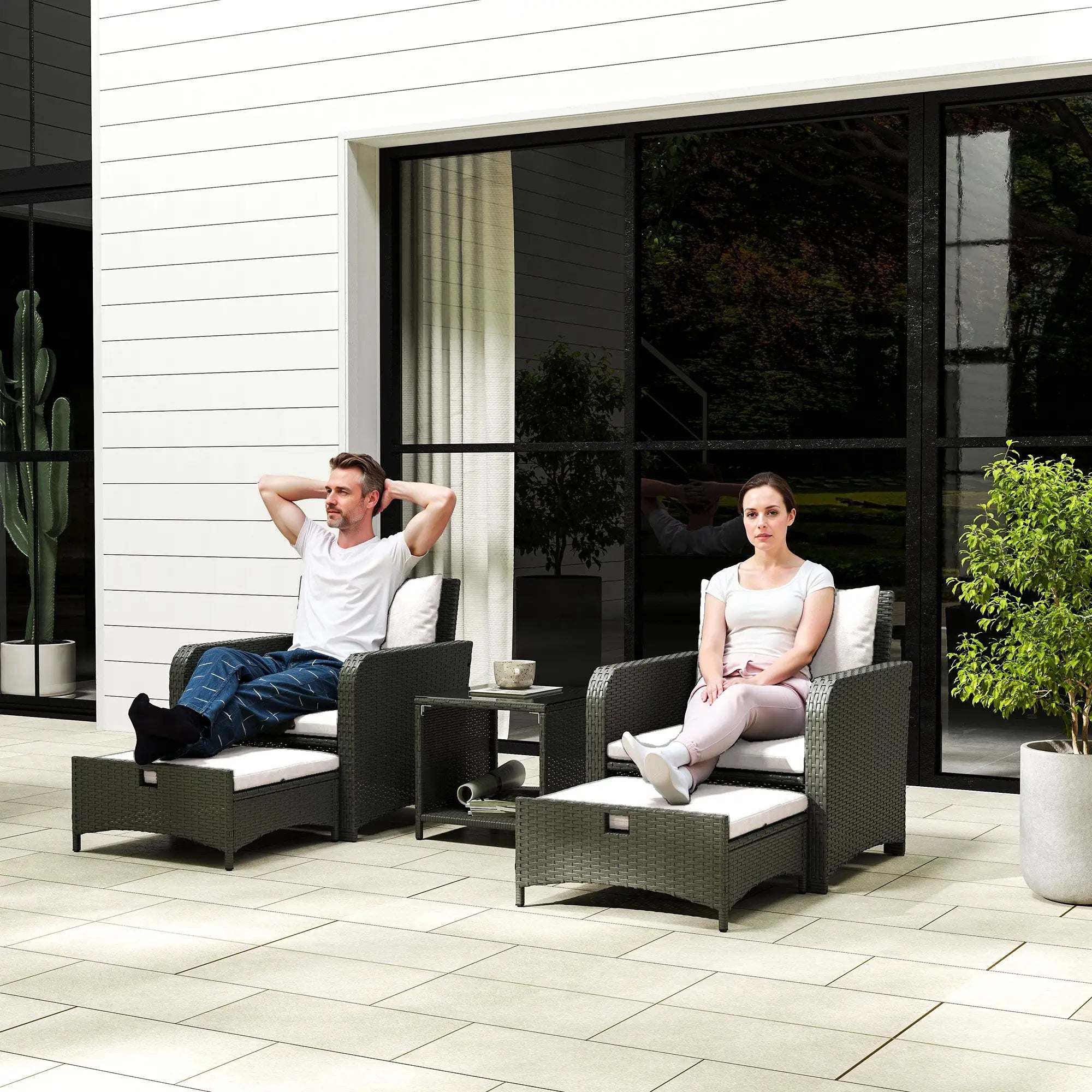 5 Piece Rattan Balcony Set, Wicker Outdoor Furniture, 2-Tier Coffee Table, Ottomans, Cream White, Grey Patio Furniture Sets at Gallery Canada